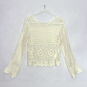 Ultra Pink Ivory Crochet Boho Long Sleeve Sweater Top Size Medium